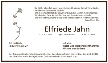 Traueranzeige von Elfriede Jahn von Pegnitz-Zeitung